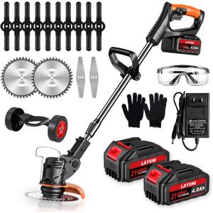 Cordless Weed Wacker, 21V Electric Weed Cordless Eater with 2X 4.0Ah Battery Powered, 3 Types Blade, 3 in 1 Stringless Grass Trimmer/Edger/Brush Cutter for Lawn, Garden, Yard Care (Orange)
