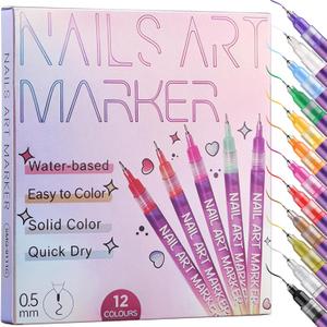 KINGMAS 12 Color Nail Art Pens, 0.5mm Nail Polish Marker Set, Drawing Painting Point Liner Acrylic Painted Pen Kit, Waterproof and Quick-drying for DIY Nails Art Design Manicure Tools