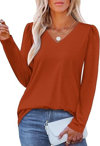 OFEEFAN T Shirts for Women V Neck Dressy Casual Blouses Puff Long Sleeve Fall Outfits Tops Loose Fit (Small, Caramel)