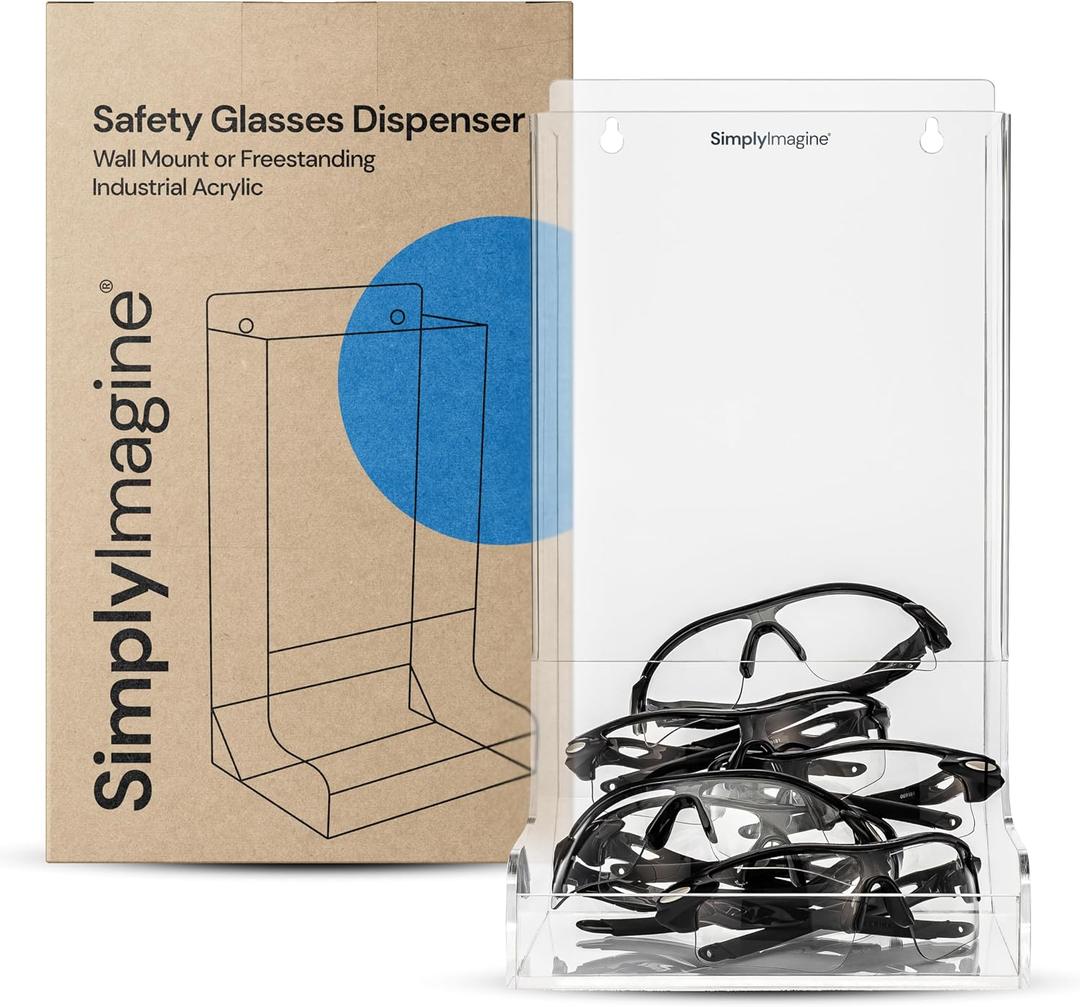 SimplyImagine Safety Glasses Holder Wall Mount Dispenser Bin - Clear Acrylic Top-Loading Organizer - Tabletop & Wall-Mounted Safety Glasses Dispenser - Slanted Tray for Industrial, Lab, Dental Use