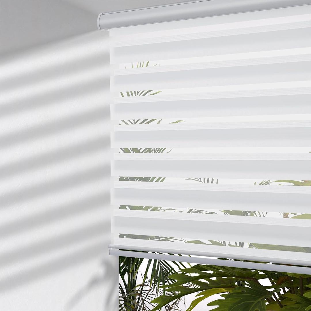 MYshade Cordless Zebra Blinds with Free-Stop Function - Dual Layer Light Filtering & Privacy Sheer Shades for Day and Night - Easy Install Window Shades for Home, Living Room, 28" W x 64" H,White