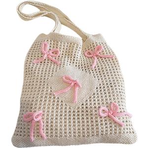 Floerns Women's Bow Crochet Hollow Out Shoulder Tote Bag Cute Casual Knitted Totes Handbags (Beige and Pink)