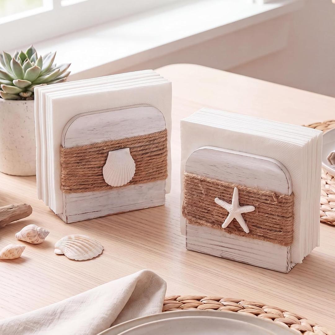 2 Pack Coastal Natural Napkin Holder for Table, Beach Theme White Wooden Napkin Holders Tissue Dispenser for Table Kitchen Dining Coastal Room Home Decor