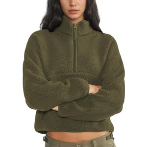 Womens Fleece Sweatshirts Cropped Half Zip Fuzzy Warm Sherpa Pullover Varsity Jackets with Zipper Pockets (Medium, Dark Olive)