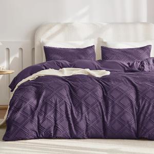 JELLYMONI Duvet Cover Queen Size Purple - 3PCS Boho Duvet Cover Set Plaid Polyester Tufted Bohemian Jacquard Knit Textured Comforter Cover 9090in Rhombic Geometric Pattern Zipper Corner Tie