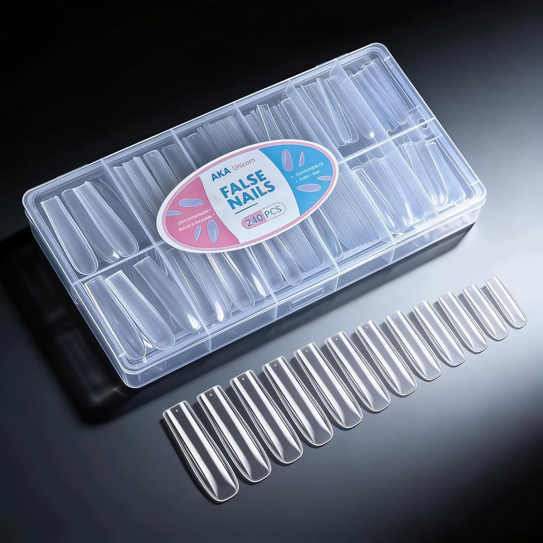 AKA Unicorn Soft Gel Nail Tips Long Square -240Pcs Clear Nails,Pre Shaped Full Cover False Nail Tips, XXL Acrylic Fake Nail Extensions,Long Square Press On Nail Stuff for Home DIY Salon 12 Sizes