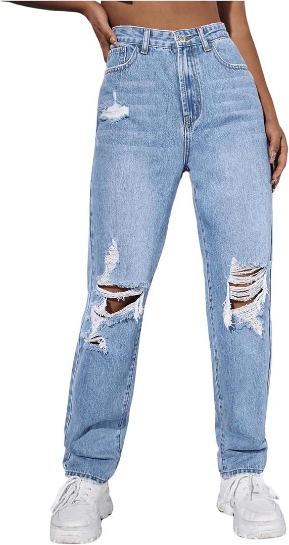 Floerns Women's Ripped Y2K Stretchy Straight Leg Denim Pants with Pocket (Medium)