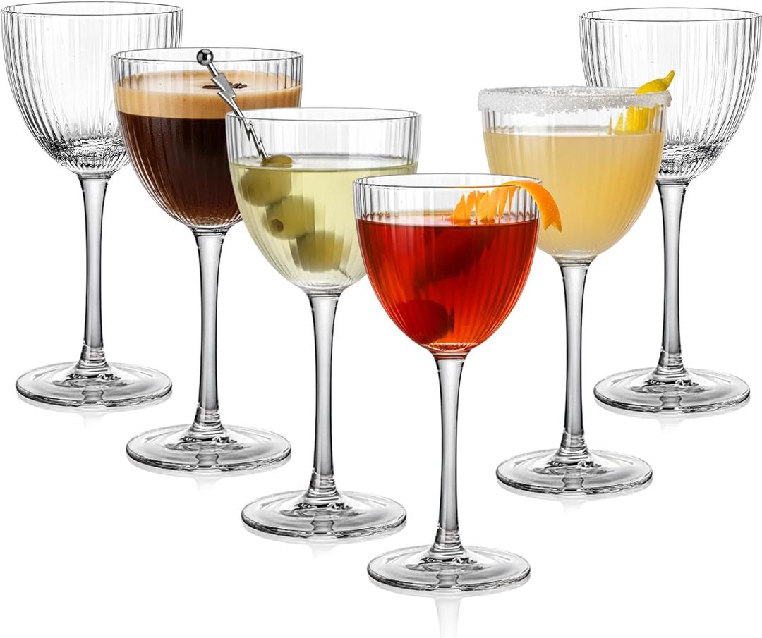 Vintage Art Deco Nick and Nora Cocktail Glasses, 5 oz Crystal Ribbed Cocktail Glassware for Drinking Classic Gin, Whiskey, Bar Drinks (Set of 6)