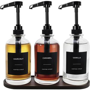 Coffee Syrup Dispenser for Coffee Bar, Glass Syrup Dispenser with 1/4oz Large Capacity Pump, Coffee Syrup Pump Dispenser Bottle for Coffee Station, Coffee Bar Organizer, Black with Tray,16.9oz