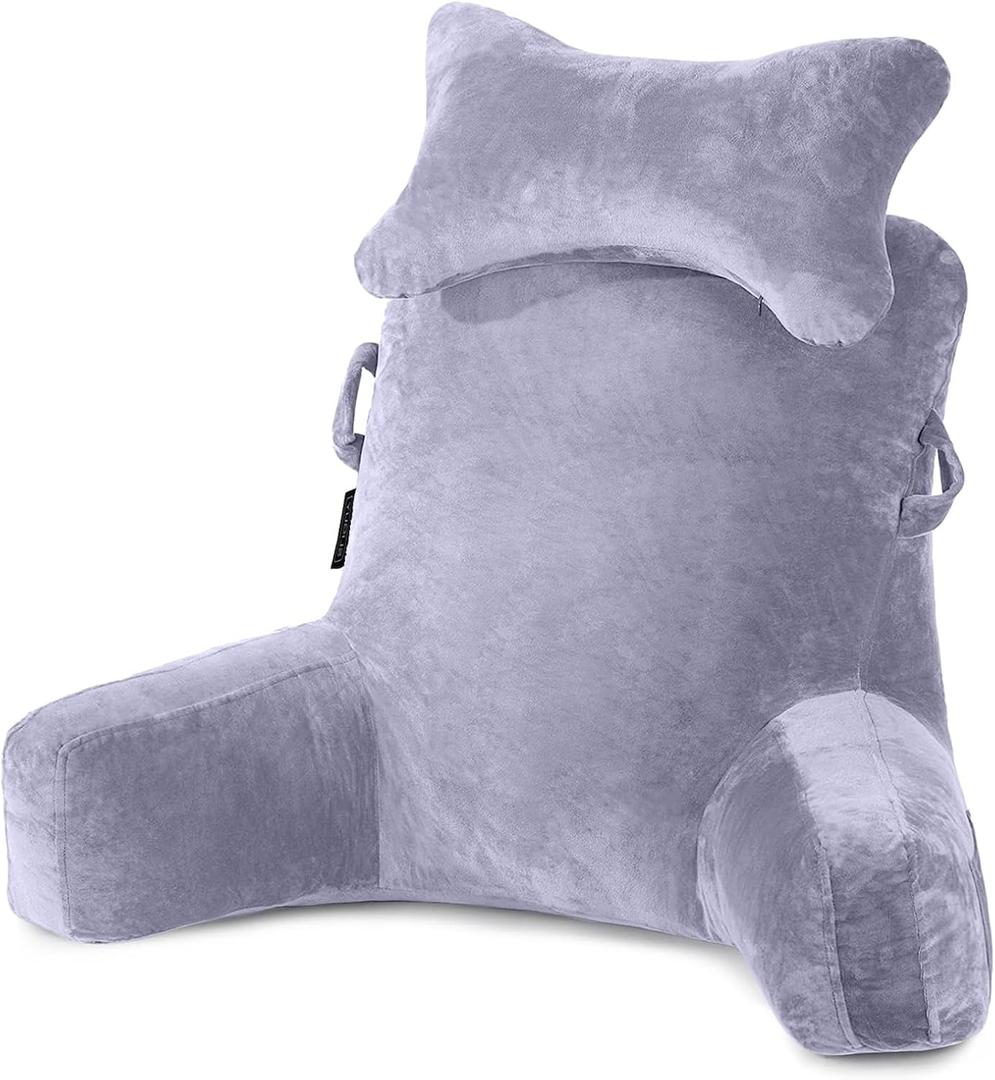 SLIGUY Reading Pillow-Bed Rest Pillow with Detachable Neck Roll & Support Arm for Sitting in Bed Couch or Floor-Backrest Reading Pillow Adult Back Pillow for Reading/Watching TV/Gaming/Relaxing,Grey (Medium)