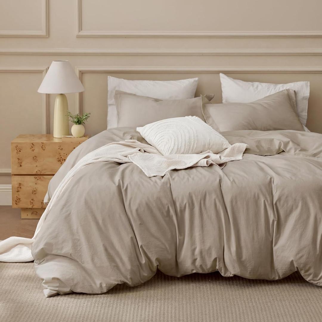 Bedsure 100% Washed Cotton Duvet Cover Super King Size - Frosted Almond Minimalist Bedding Set Linen Like - PureWoven Plain Simple & Soft Comforter Cover for All Seasons Set (Super King, 108"x98")