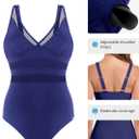 RELLECIGA Womens Mesh One Piece Swimsuit V Neck Tummy Control Bathing Suit Slimming Swimwear (Blue, L)