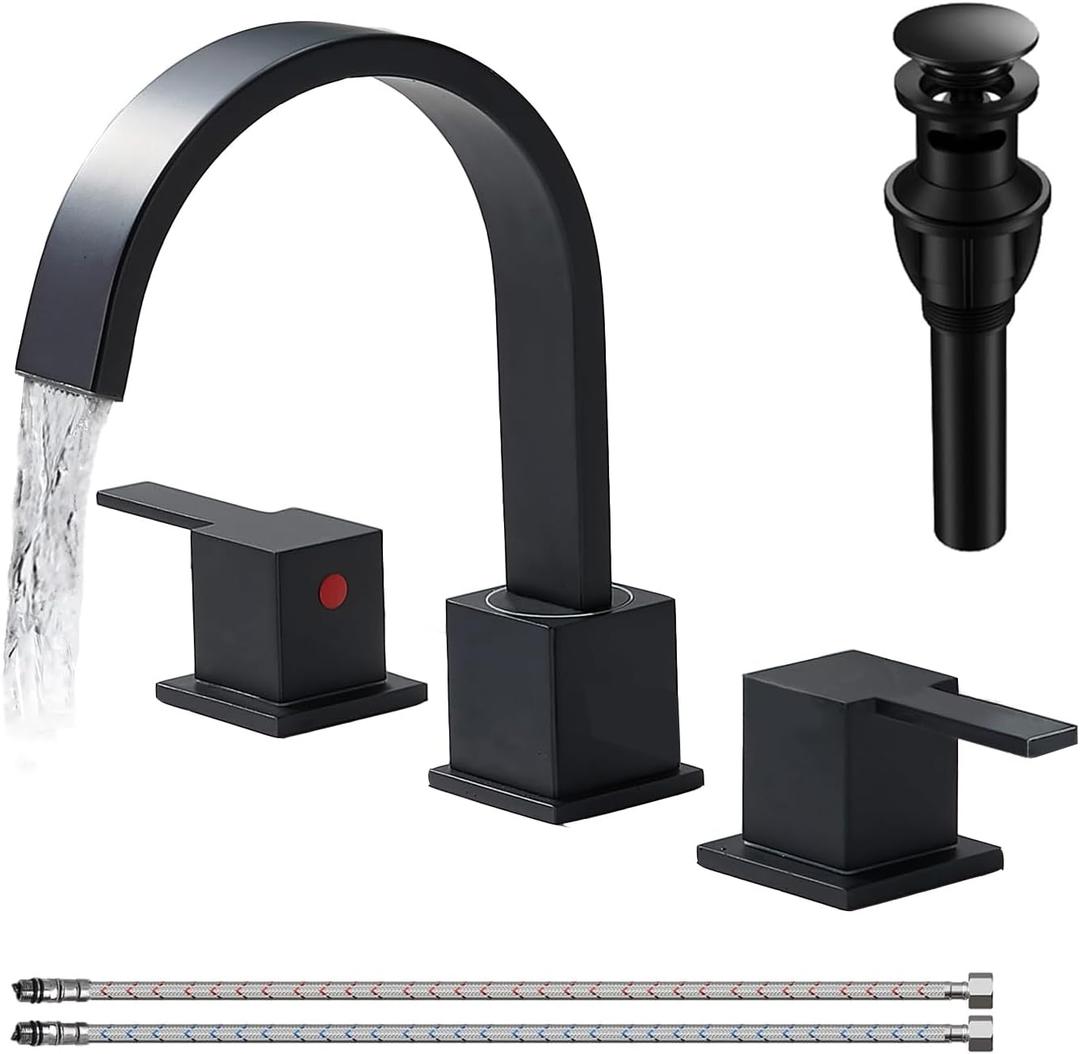 Modern Matte Black Bathroom Faucet 3 Hole,8 Inch Widespread Bathroom Sink Faucet with Pop-Up Drain and Supply Lines,Two Handles for RV, Lavatory, Farmhouse
