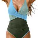 B2prity Women's One Piece Swimsuits Tummy Control Ruched Bathing Suit V Neck Tie Back Swimwear Wrap Swim Suit (M)