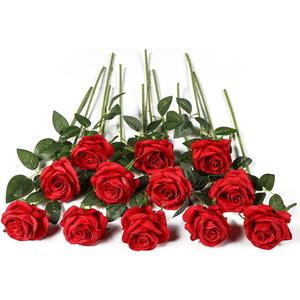 Kisflower 12 Pcs Red Roses Artificial Flowers with Stems Silk Roses Fake Rose Realistic Flower Bouquet for Wedding Party Office Home Decor (Red)