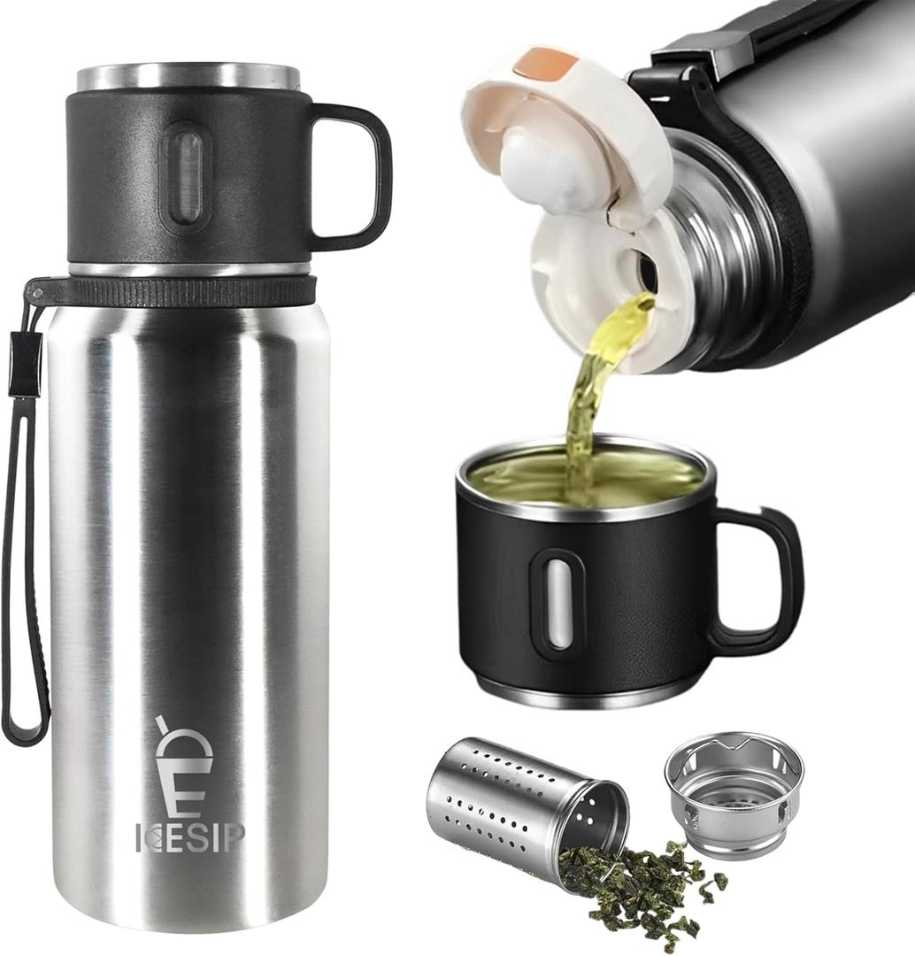 Stainless Steel Insulated Bottle, 20oz with cup Vacuum Insulated Water Bottle, Thermo for Hot Drinks/Cold Drinks,24-Hr Insulation Commute, Travel (Silver)