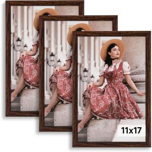 Dark Brown 11x17 Frame Set of 3 - Rustic Woodgrain 11 x 17 Poster Frame with Plexiglass for Wall Gallery Display, 11x17 Picture Frame for Puzzles, Artwork, Photos and Posters - Ideal Christmas Day