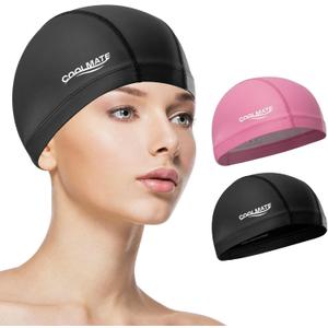 COOLMATE Fabric Swim Cap for Women, Men & Kids  Silicone Water Resistant Layer, Lightweight Cloth Cap for Pool & Lap Swimming  Non-Slip Comfortable Fit, Gift for Swimmers (1 Pack) (Medium, Black & Dark Pink (Pack 2))