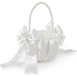 Happyiren Satin Wedding Flower Girl Basket - Elegant Pearl Handle with Bow Decoration, Ivory Color - 5.1" Diameter, Perfect for Flower Girls, Weddings, Bridal Showers, Proposals