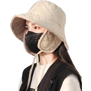 Quilted Bucket Hat Winter Warm Hat for Woman Down Padding Bucket Cap Fishing Hat Thick Plush Earflap Fisherman Bucket Hats (Beige)