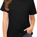 ZDC Girls Short Sleeve Shirts Crewneck T Shirts Kids Summer Tops Basic Tees 5-14 Years (Black)
