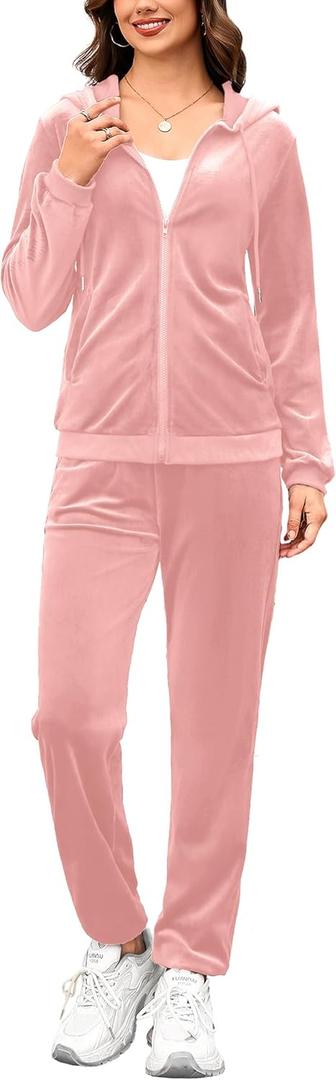 Womens 2 Piece Sweatsuits Set Velvet Long Sleeve Zip Up Track Suits Jogging Suit (Medium, Pink)