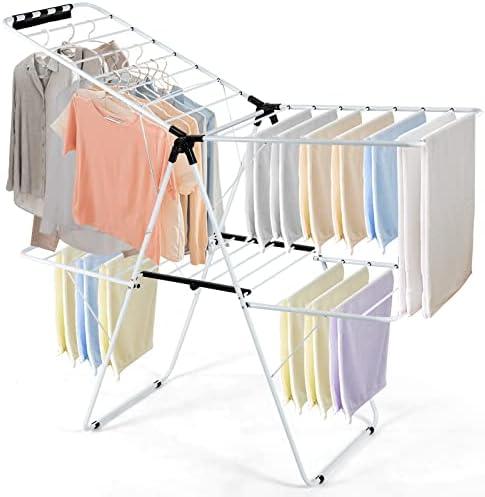 GOFLAME 2-Tier Clothes Drying Rack, Folding Laundry Dry Rack with Adjustable Supporting Bar, 26 Premium Clips, Space-Saving & Collapsible Laundry Hanger for Easy Storage, No Assembly Needed