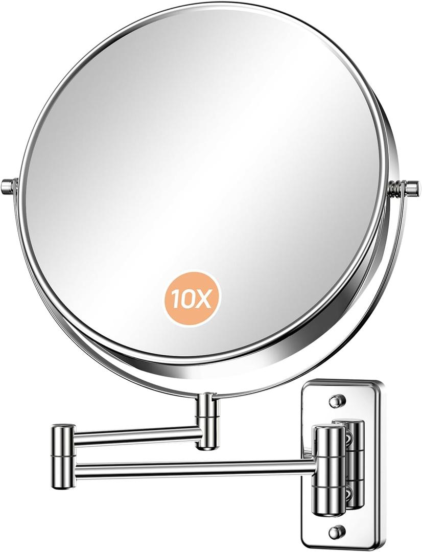 Gospire 9 Inch Extra Large Wall Mounted Mirror with 1X/10X Magnification, 360 Swivel & Extendable, Chrome Polished Finish for Bathroom Vanity, Shaving & Makeup (Men & Women) (Silvery)