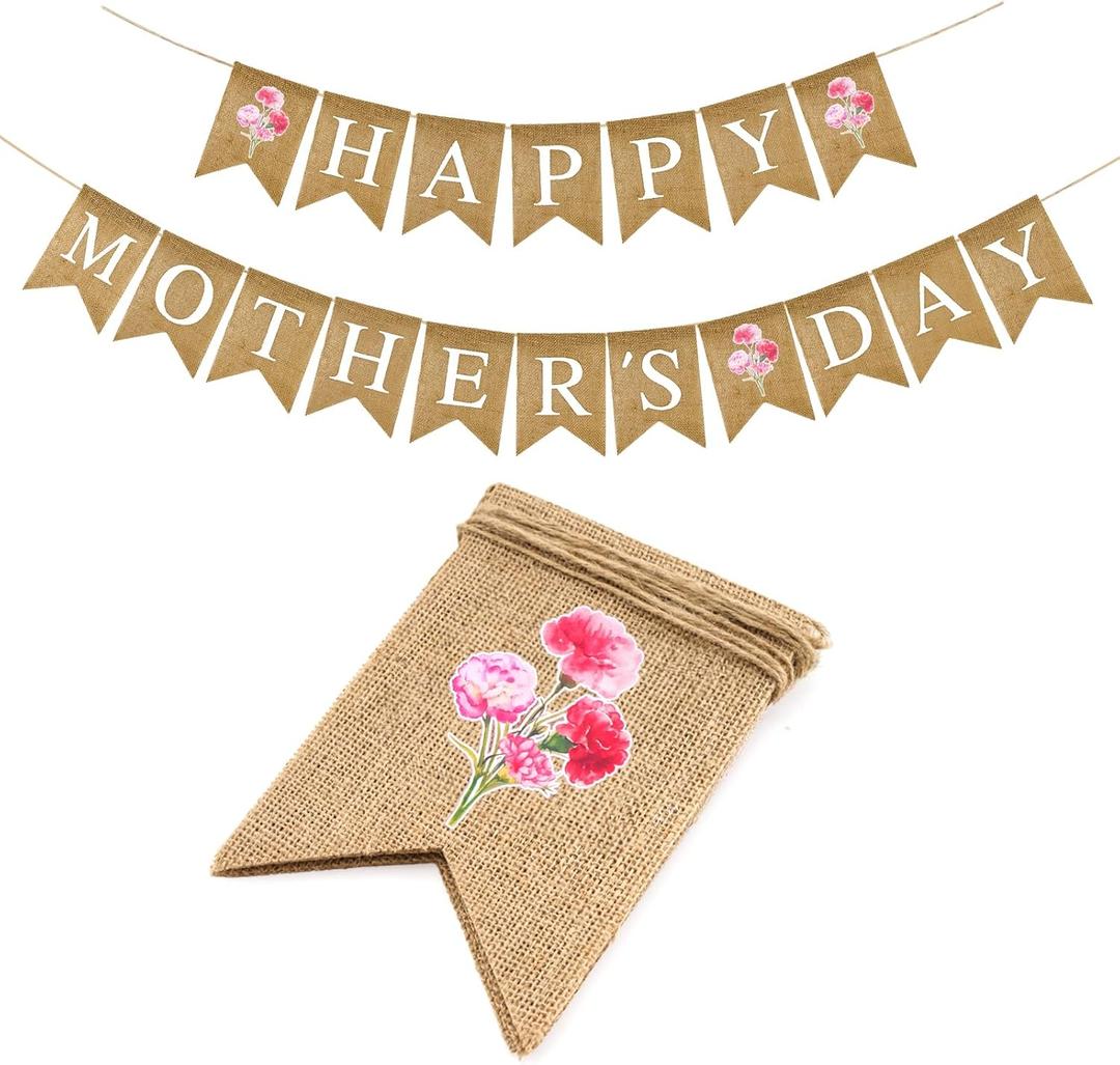 G2PLUS Happy Mother's Day Banner, Pre-strung Mothers Day Decorations Burlap Banner Garland with Carnation, Rustic Mothers Day Party Bunting Decor for Home Wall Photo Backdrop Indoor Outdoor