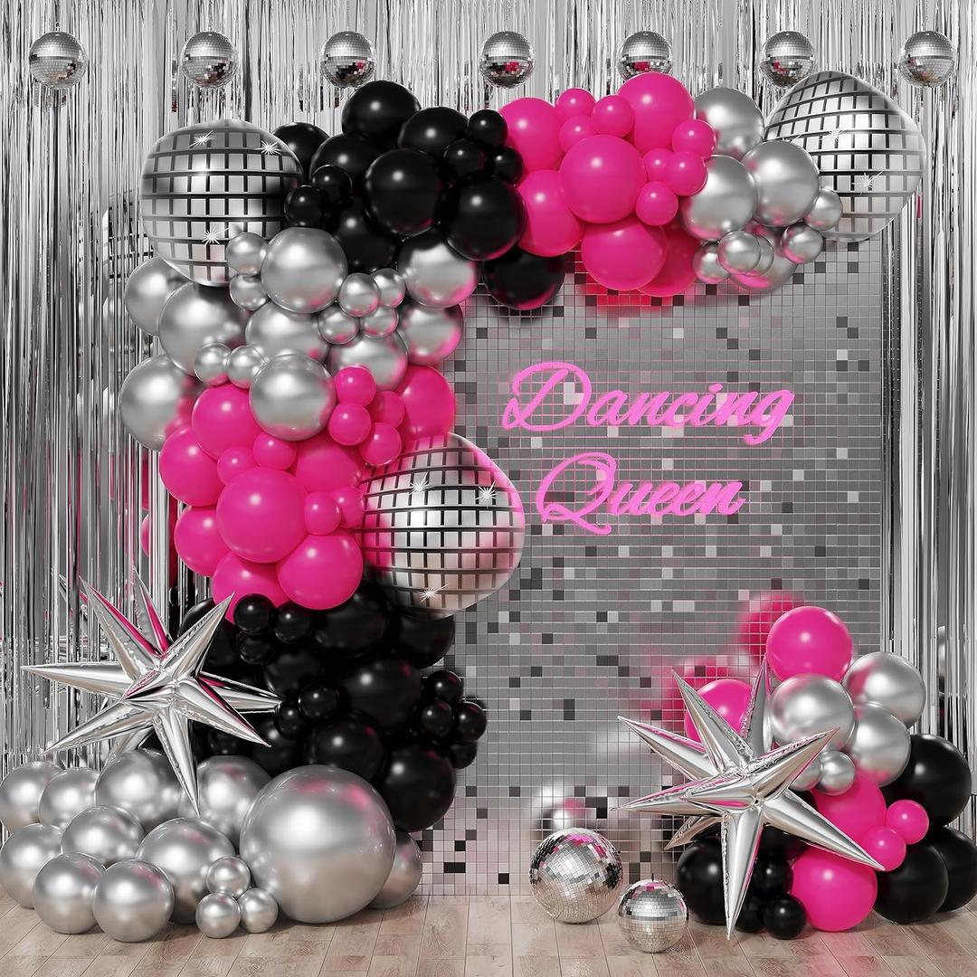 Disco Balloon Garland Arch Kit, Hot Pink Black Chrome Silver Balloon with Disco Ball Exploding Star Foil Balloons for Disco Bachelorette Party Princess Birthday 8090 Themed Party Decor (Disco)
