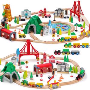 SainSmart Jr. 112-Piece Wooden Train Set for Toddler  Double-Sided Train Tracks, Compatible with Brio, Thomas, Melissa & Doug  Perfect Wood Toy for Boys and Girls