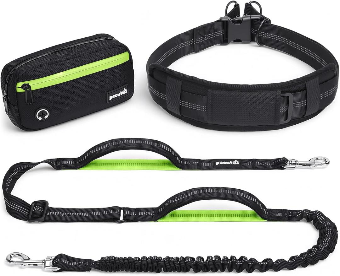 Pecute Hands Free Dog Leash for Running, Waist Belt with Detachable Pouch, Shock Absorbing Bungee, No Pull Dual Handles for Small Medium Dogs 11-33 lbs