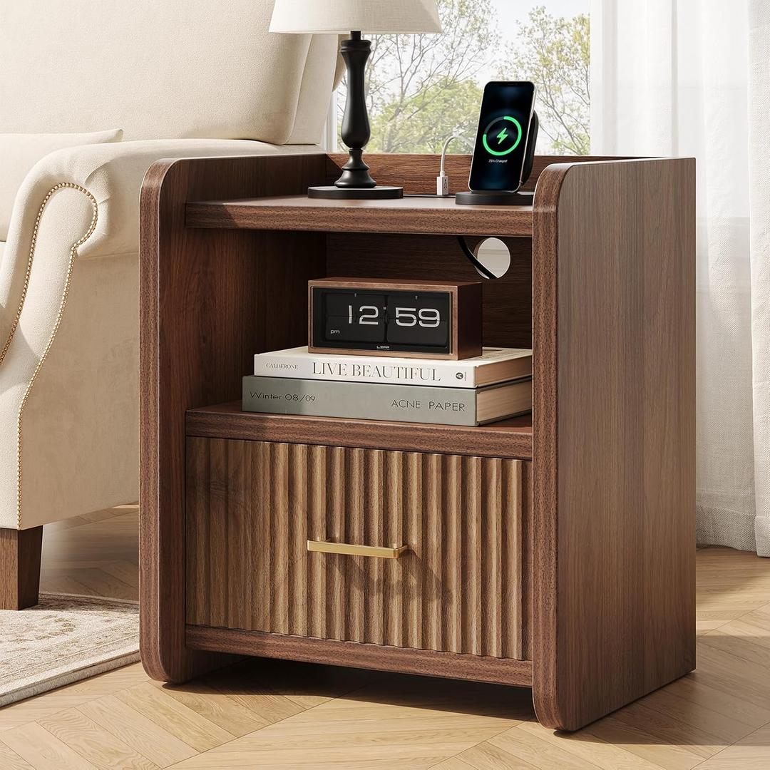 Night Stand with Charger Station - Modern Wood Nightstand with Drawer Storage, Fluted Wide Nightstands Bedside Table, Mid Century Night Stands for Bedroom Home Office Sofa, Walnut, 20"W x 15.4"D x 23.6"H