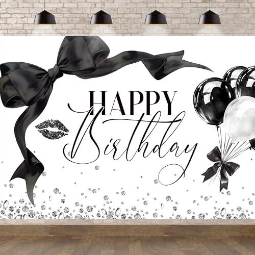 Newsely Black Bow Happy Birthday Banner Backdrop 7Wx5H Photography Girls Coquette Birthday Decorations Black White Bowknot Balloons Background Women Bachelorette Party Photo Booth Props Supplies