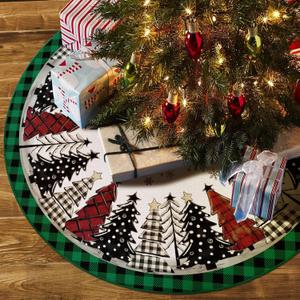Christmas Tree Skirt 48 Inch, Green and Black Buffalo Plaid Xmas Tree Skirt, Winter Christmas Tree Mat for Home Party Holiday Indoor Outdoor Decorations