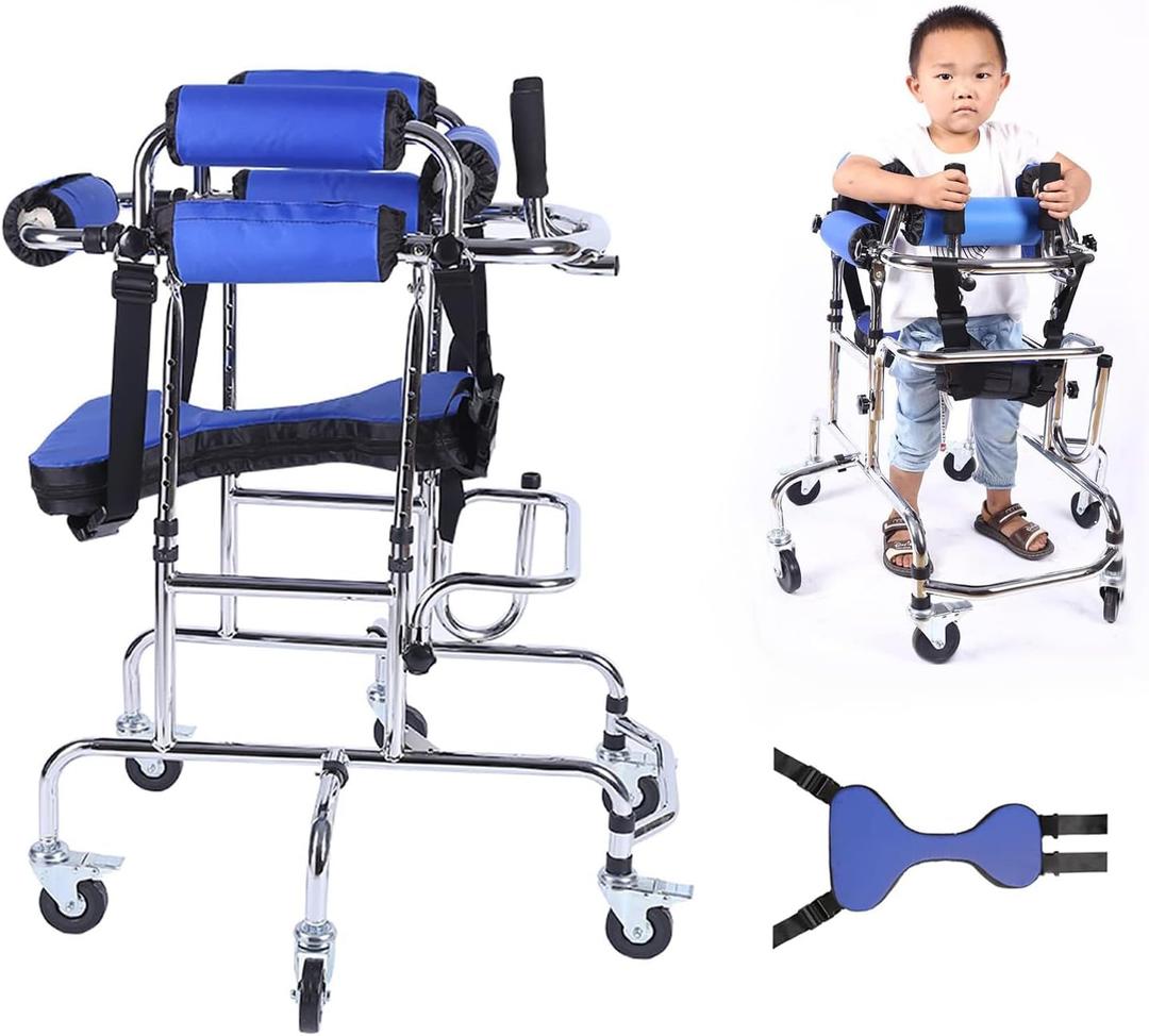 Walkers Disabled Children Cerebral Palsy Disabled Kids Walker Six Wheel Anti Tilt Foldable Belt Seat Adjustable Height Width, Disabled Auxiliary Equipment Rehabilitation Training Walking Aid (35*29*27in)