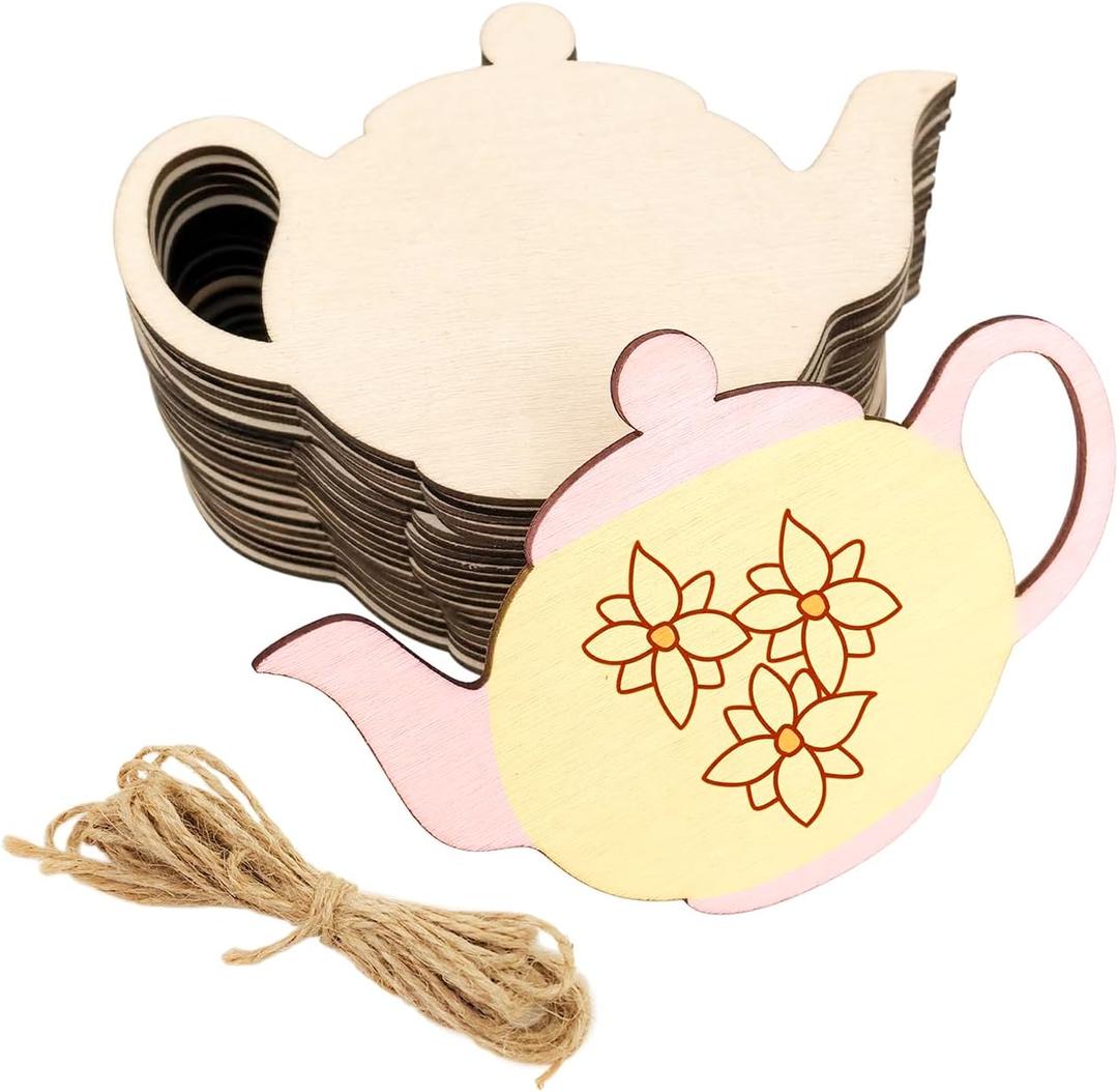 30 Pack 4 Inch Wood Teapot Cutouts Unfinished Wood Teapot Crafts Wooden Teapot Hanging Ornaments DIY Craft Gift Tags for Home Party Decoration