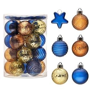 DecorbyHannah Mini Christmas Tree Ornaments, 25ct 1.57inches Blue Gold Christmas Ball Ornaments for Tree Decorations, Small Clear Shatterproof Plastic Hanging Balls Bulk for Xmas, Party, Wedding
