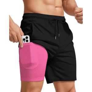 Men Swim Trunks with Compression 7 Inches Breathable Liner Quick Dry Zipper Pockets for Board Beach Gym Running (Black, L)