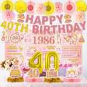 24 Pcs 40th Birthday Decorations for Women, Back in 1986 Party Supplies, Pink Gold 40th Birthday Banner Backdrop Hanging Swirls Balloons Honeycomb Centerpieces Sash