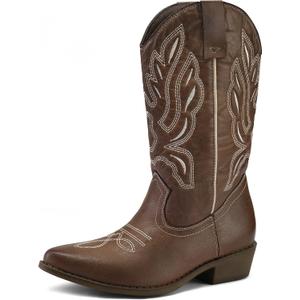 mysoft Women's Western Cowboy Boots Embroidered Mid-Calf Pointed Toe Cowgirl Boot (6.5, Brown)