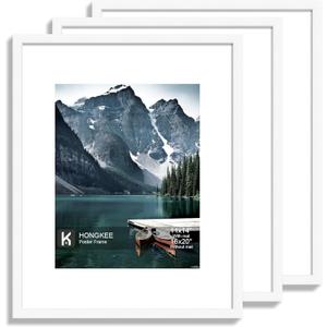 Hongkee 16x20 Frames Set of 3 - Display 11x14 Photo with Mat or 16 x 20 Poster without Mat, Wall Mounting Horizontal and Vertical, White