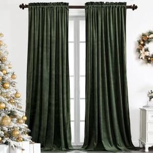 Benedeco Blackout Green Velvet Curtains for Bedroom Window, Light Filtering Drapes for Living Room Darkening Soundproof Thermal Curtain Rod Pocket 52 x 96 inches Long Length Set of 2 Panels