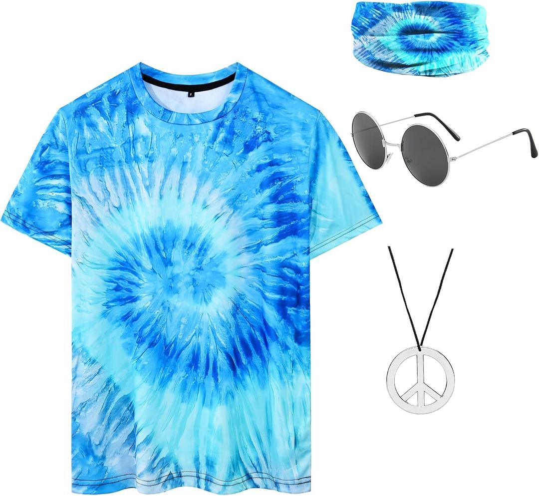 Hippie Costume for Men 60s 70s Colorful T-Shirt Outfits 4 PCS Accessories Set for Theme Party (X-Large, Blue)
