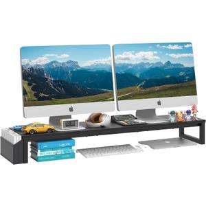 LAND·VOI Dual Monitor Stand Riser, 41.5'' Long Monitor Stand for 2 Monitors, Wood and Steel Computer Monitor Stand, Desktop Oraganizer with Pen Holder, Monitor Riser for Desk Computer, Laptop, TV, Black