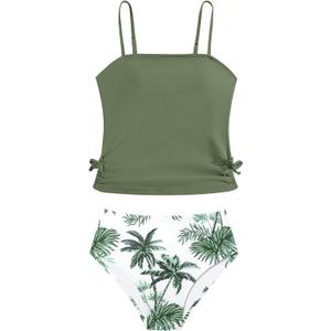 Girls Tankini Swimsuits Two Piece Bathing Suit Drawstring Swimwear Set for Girls 7-14 Years (Green-palmet)