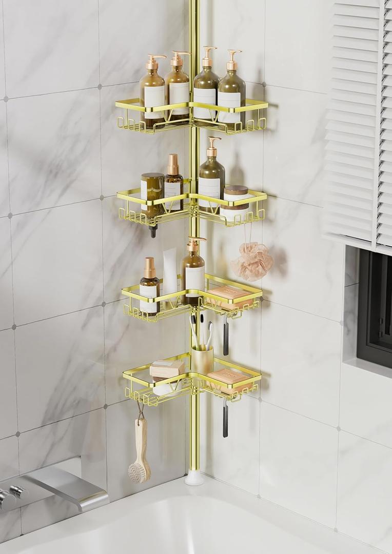 KEGII Corner Gold Shower Caddy Tension Pole - 4-Tier Rustproof Shower Rod Organizer, Floor to Ceiling Tension Rod 25-114.2 inch, Stainless Steel Corner Shower Shelf, Waterproof