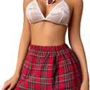Avidlove Sexy Lingerie Set for Women Plaid Mini Skirt Outfit with Thong Set 4 Piece (XX-Large, B-white)