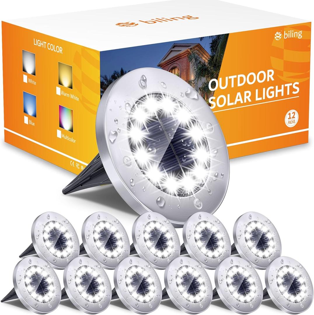 Biling Solar Outdoor Lights 12 Pack, Bright 12 LEDs Solar Ground Lights Waterproof, Flat Landscape Lighting Solar Powered for Yard Walkway Pathway Garden Driveway (White)