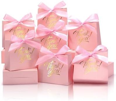 DOYIDE 29 Pack Small Thank You Gift Bags, 4.5x1.8x3.9in Party Favor Bags with Bow Ribbon, Mini Paper Gift Bag with Gold Foil Printed, Pink Treat Boxes for Birthday Wedding Bridal Baby Shower